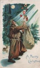 Father Christmas carries a sackful of gifts on a vintage postcard.